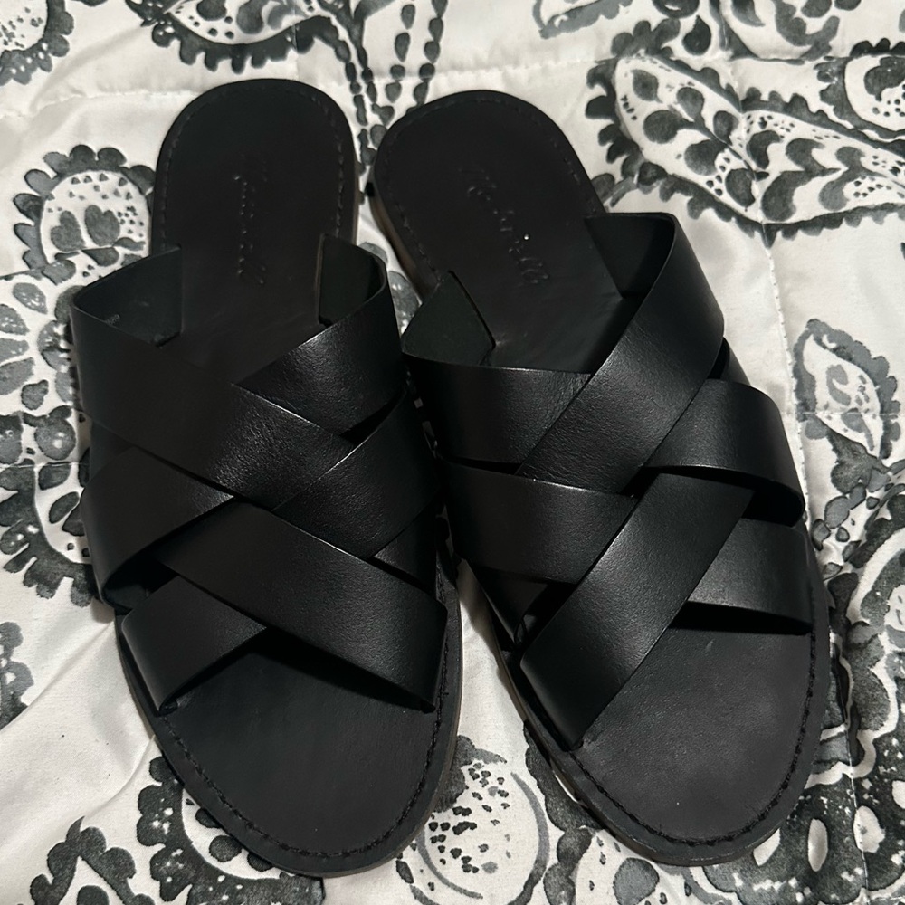 Madewell Black Leather Cross-Strap Slide Sandals